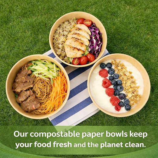 TOPtoper 50 Pack 35 Oz Large Paper Bowls with Lids, Heavy Duty Paper Bowls for Party, Disposable Bowls Bulk Leakproof and Microwave Safe for Hot/Cold Use (35 OZ)