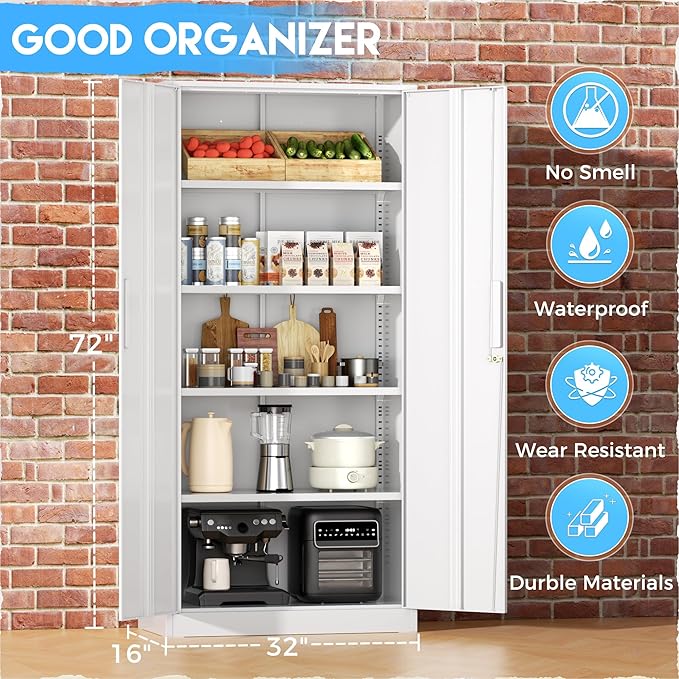 Greenvelly White Metal Storage Cabinet, 72" Steel Locking Cabinet with Doors and 4 Adjustable Shelves, Tall Tool Cabinets Lockable File Cabinet for Home Office, Metal Classroom Cabinet for Garage