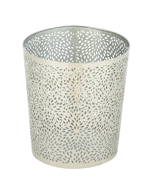 CosmoLiving by Cosmopolitan Metal Floral Trash Can 9" x 9" x 10", Silver | Office trash can, small waste bin, bathroom waste basket small, laser carved design, 9 x 9 x 10 in