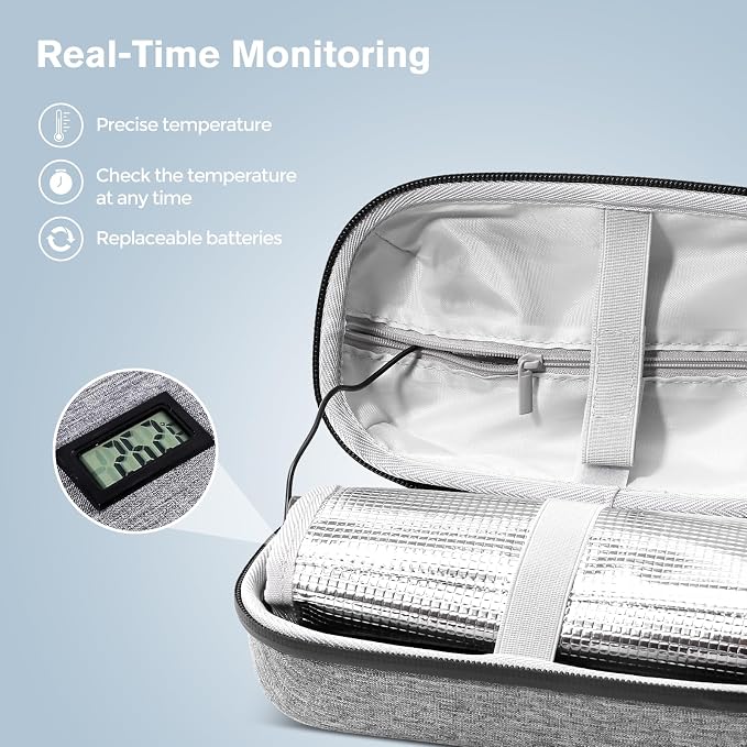 ProCase Insulin Cooler Travel Case for Diabetes -Grey | Temperature Display, TSA Approved, 2 Reusable Ice Packs, Cold Storage Organizer Bag for Insulin Pens & Medicine