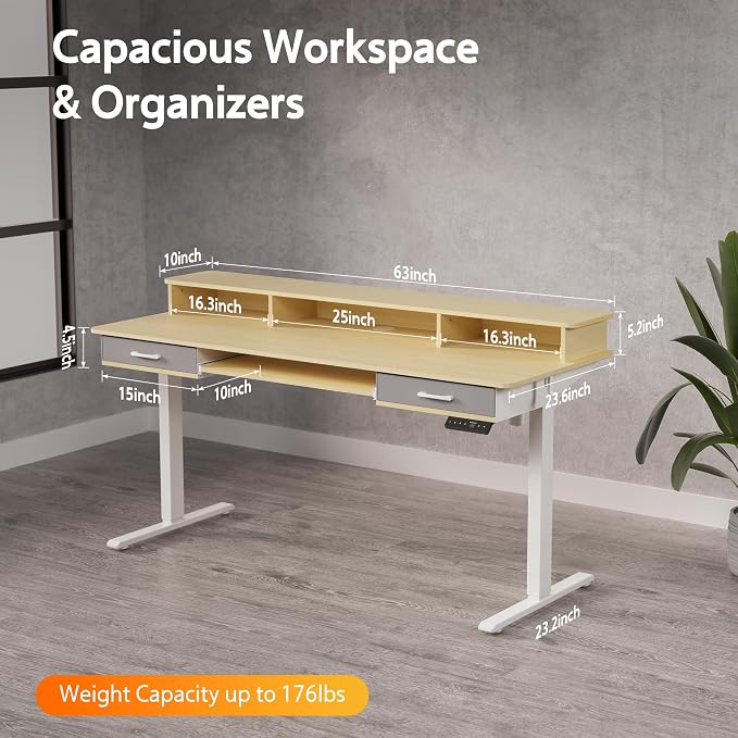 WALKINGDESK 63 Inches Electric Standing Desk with Keyboard Tray, Height Adjustable Sit to Stand Table with 2 Drawers, Ergonomic Home Office Desk with Storage Shelf, Computer Table, Oak
