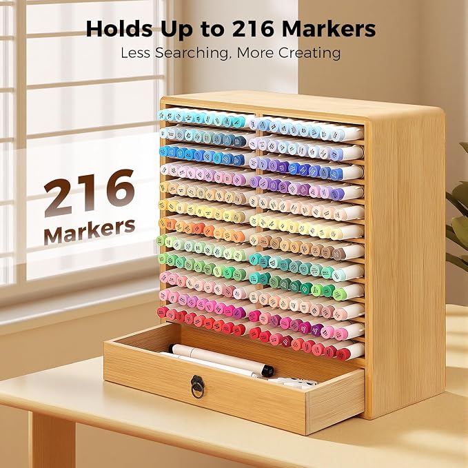 Marker Organizer For 216 Markers, Bamboo Storage Rack With Drawer | 24 Compartments And Pull-Out Drawer For Alcohol Markers, Pens, Art Supplies, Desks, And Craft Rooms