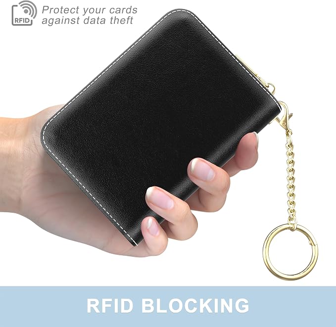 Aiawoxc Credit Card Holder, Small RFID Wallet Slim Leather Card Organizer Case with Zipper and Wristlet Strap, Black