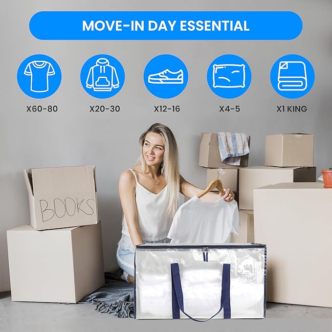 Simple Deluxe 6 Pack Extra Large Moving Bags with Lids, Reinforced Handles and Zippers, Heavy Duty Storage Tote for Moving Travel Camping Space Saving, White