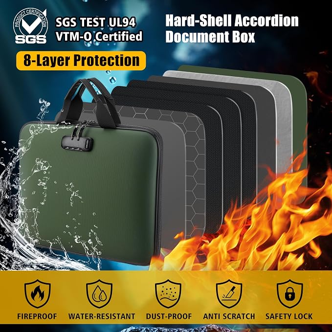 facka Fireproof Document Box with Lock, Hard-Shell Safe File Organizer | 13-Pocket Accordion Folder for Important & Legal Documents, Laptop, Passport, Cards & Valuables, Home Office Travel Green