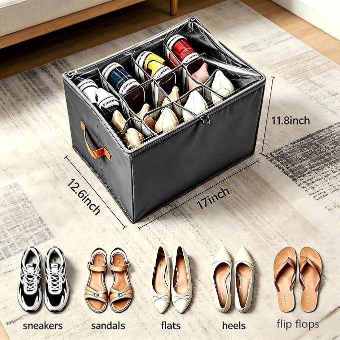 Shoe Organizer for Closet, 2 Pack Shoe Organizer with Clear Cover, Closet Shoe Storage Containers, Foldable Storage Bins for Shoes, Fits 12-24 Pairs, Grey
