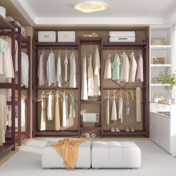 Homykic Bamboo Closet System Clothes Rack, Large Freestanding Garment Rack Clothing Rack for Hanging Clothes with 7 Storage Shelves and 5 Rods, Open Wardrobe Organizer with 4 Hooks, Espresso