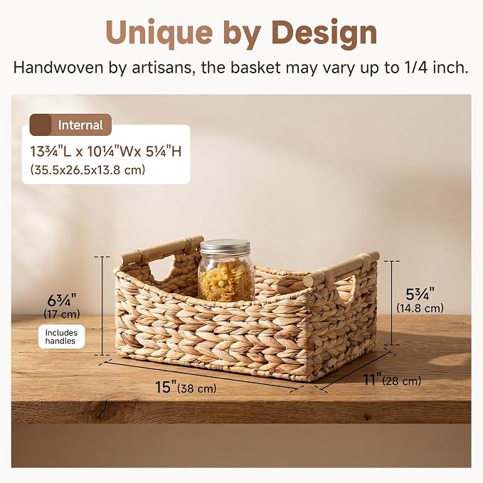 StorageWorks Large Wicker Baskets for Organizing, Water Hyacinth Storage Baskets with Handles, Woven Baskets for Pantry Storage, 15" x 11" x 6¾", 1-Pack
