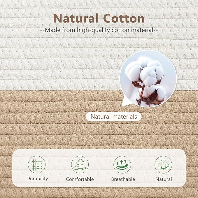 ECDYQXVU 15x10x9 Woven Cotton Rope Storage Basket, Leather Handles 2 Pack | Foldable Design, Sturdy PU Handles, Easy to Clean Organizer for Living Room, Closet, Shelves, Bedroom, Laundry, Clothes