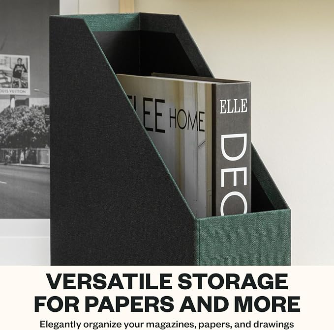 Bigso Estelle Fibreboard Magazine Holder with Leather Handle - Magazine File Holder and Organizer for Papers and Catalogs on Home or Office Desks - W4.4 x D9.8 X H12.7 (inches) - Dark Green