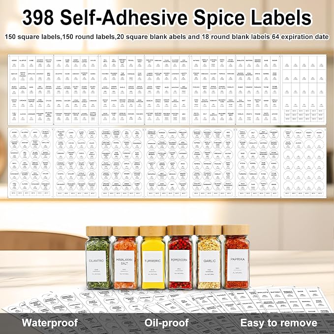 AISIPRIN Spice Rack with Spice Jars 398 Labels,4oz 24 Pcs Spices Jar with Bamboo Airtight Lids,Spices Container Set Seasoning Organizer for Countertop, Cabinet, Kitchen, Pantry, Cupboard