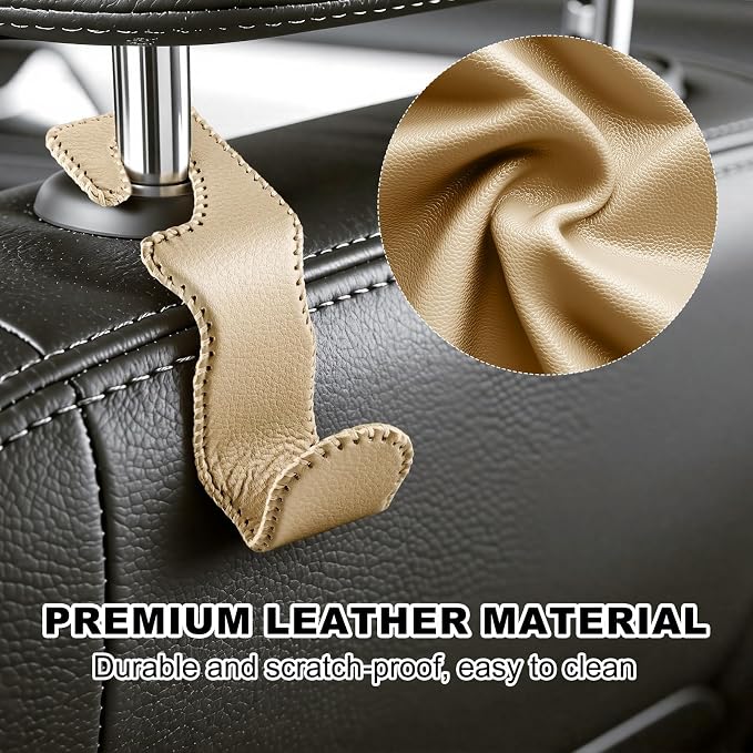EldHus Car Seat Hooks for Purses and Bags, 4 Pack Car Purse Holder for Grocery Bag Handbag Clothes, Metal Headrest Hooks Covered by Leather, Beige