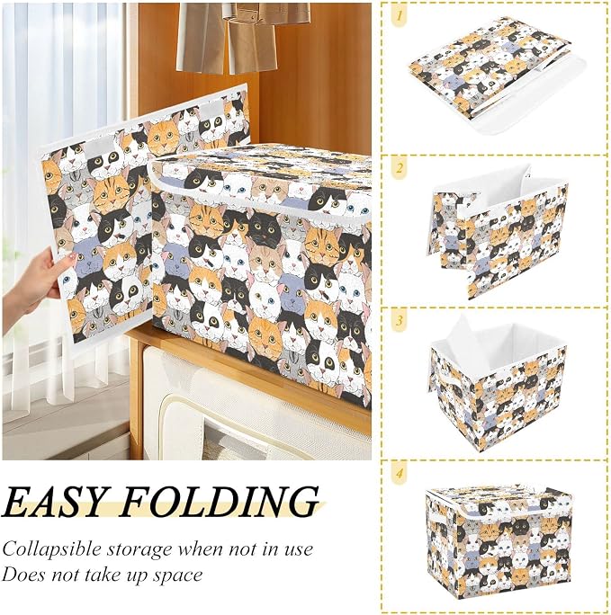 CaTaKu Large Fabric Storage Bins With Lids, Animal Cats Head Storage Boxes With Handles for Organizing Clothes, Collapsible Storage Cube Bins Baskets for Shelves