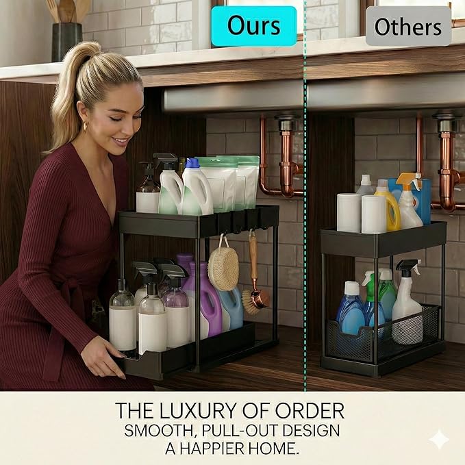 2-Tier Multi-Purpose Pull-Out Home Organizer – Under-Sink & Cabinet Sliding Storage for Kitchen & Bathroom – Durable, Space-Saving Design – Black (1-Pack)