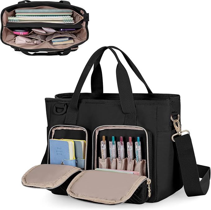 Teamoy Journal Supplies Storage Case, Journal Bag Planner Case, Black | Quilted Stationery Bag with Shoulder Strap, Large Travel Organizer for B5 Notebooks, Planner, Pens, and Journal Accessories