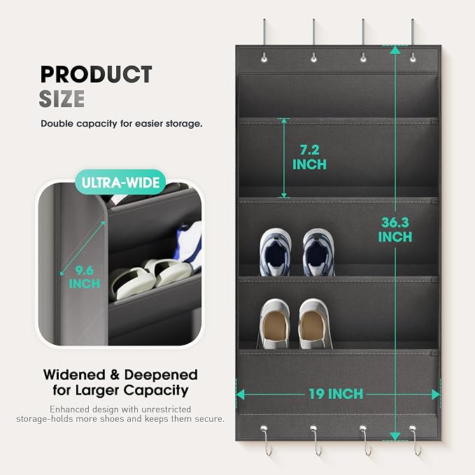 WVM Over The Door Shoe Organizer with Large Deep Pockets, Hanging Closet Shoe Rack for Large Shoes, Boots, Multifunctional Entryway Door Hanger with Hooks