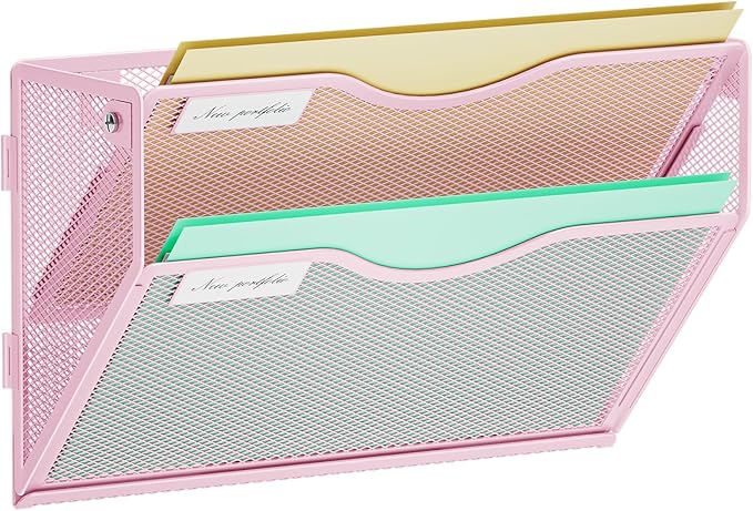 Marbrasse Wall File Holder 2-Tier Hanging Wall File Organizer, Mesh Mail Holder for Papers, Wall Mount File Clipboard & Magazine Organizer Great for Office Home (Pink)