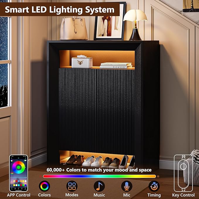 Einhomn LED Shoe Cabinet for Entryway w/App & Music Sync, Modern Shoe Storage Rack with Adjustable Shelves & Pull-Out Drawer, Entryway Shoe Organizer for Small Space, 15–25 Pairs, Black
