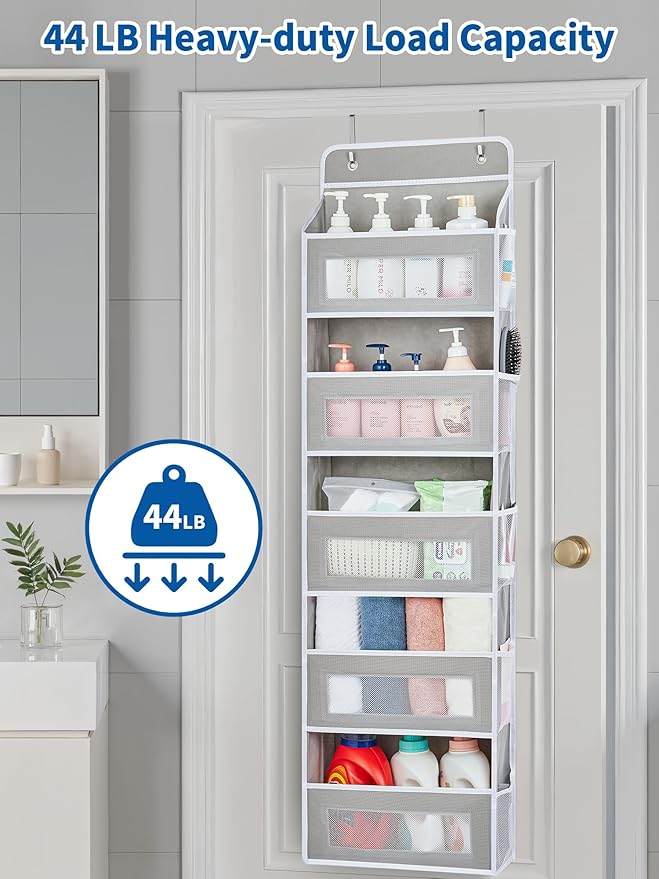 JARLINK 2 Pack Over The Door Organizer, 5 Shelf Door Hanging Organizer with 5 Large Pockets, 44 lbs Weight Capacity Hanging Storage for Bathroom, Bedroom, Nursery, RV, Pantry (Light Grey)