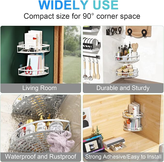 Corner Shower Caddy for Bathroom Storage,White,2 Pack | No Drilling, Rustproof, Adhesive Bathroom Shower Shelves, Wall Mounted
