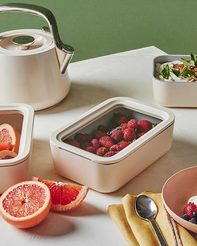 Caraway 6pc Glass Food Storage Set – 6.6 Cup Food Containers (6) - Ceramic Coated - Non Toxic, Non Stick with Lids - Microwave Safe - Perracotta