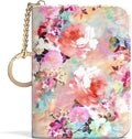 Aiawoxc Credit Card Holder for Women, Small RFID Wallet Slim Leather Card Organizer Case with Zipper Keychain, Watercolor Flower