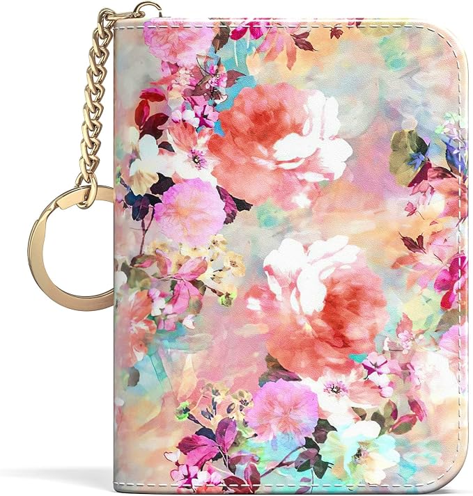 Aiawoxc Credit Card Holder for Women, Small RFID Wallet Slim Leather Card Organizer Case with Zipper Keychain, Watercolor Flower