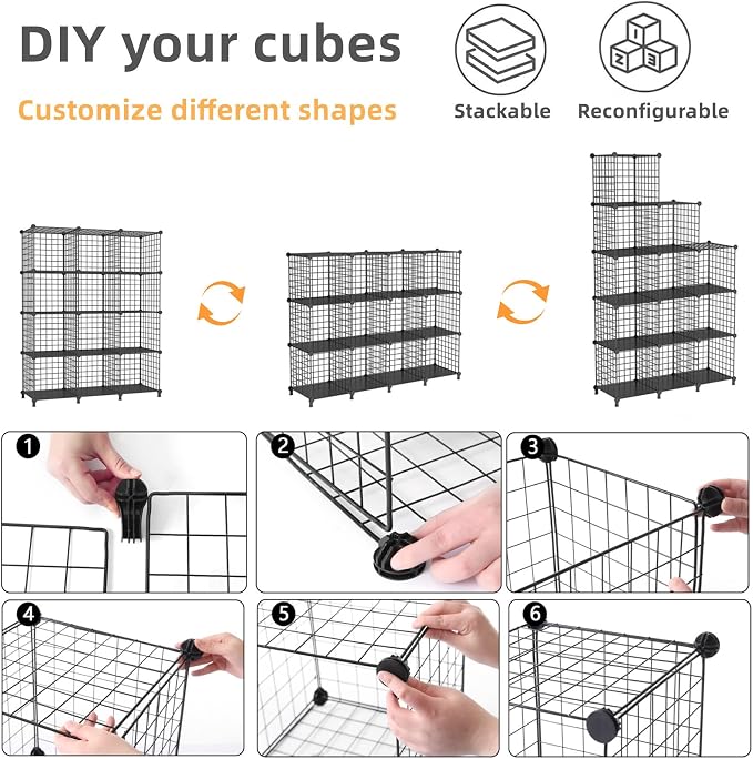 AWTATOS Wire Cube Storage, Closet Organizer, 12 Cube Storage Shelf, Black | Metal Cube Storage Shelves Bookshelf, Portable Closet Clothes Organizer, Wire Shelving for Bedroom, Home, Office