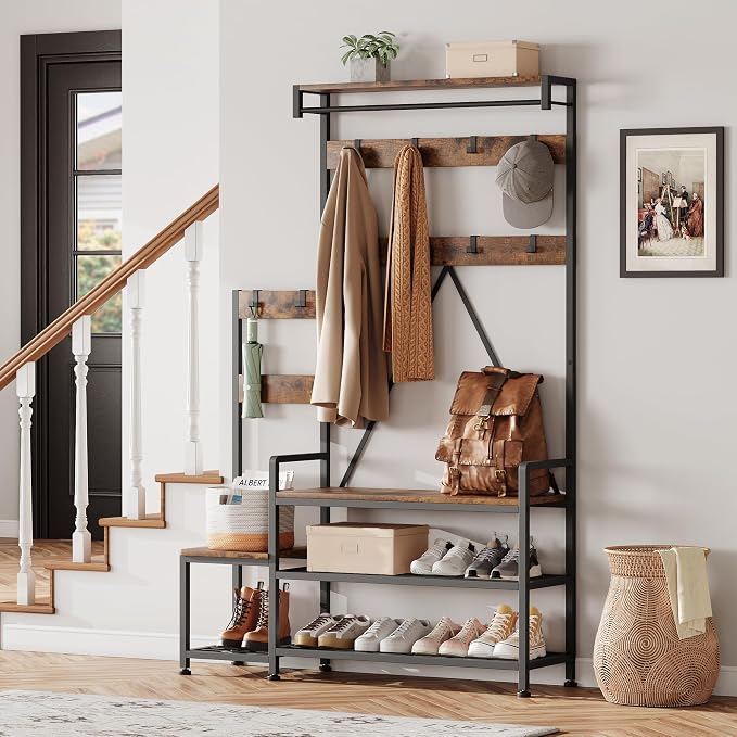 Coat Rack Hall Tree with Shoe Bench and Storage, Large Entryway Organizer with Hooks, Hanging Bar, Shoe Rack, Storage Cubbies, Shelf, Mudroom Bench, Rustic Hallway Furniture for Living Room Bedroom