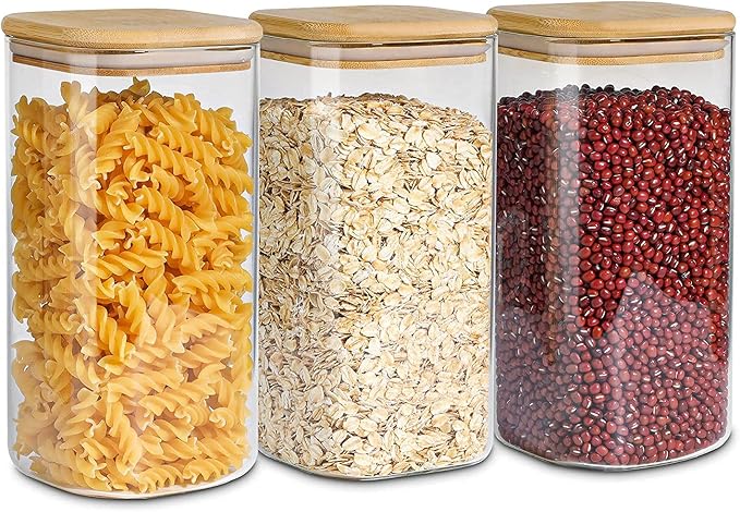 ComSaf 1.6 Qt Square Glass Jars with Bamboo Lids Set of 3, Space-Saving Glass Pantry Storage Containers, Airtight Clear Glass Storage Containers with Wide 3.9" Mouth for Coffee, Sugar, Short Pasta