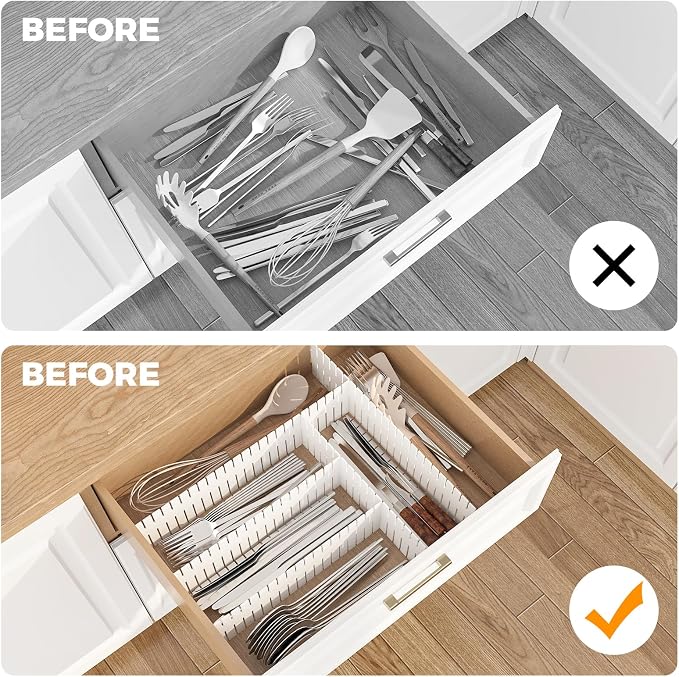 Adjustable Drawer Dividers Organizer for Kitchen, Bedroom, Dresser, Socks, Underwear, Makeup Storage, White (8)