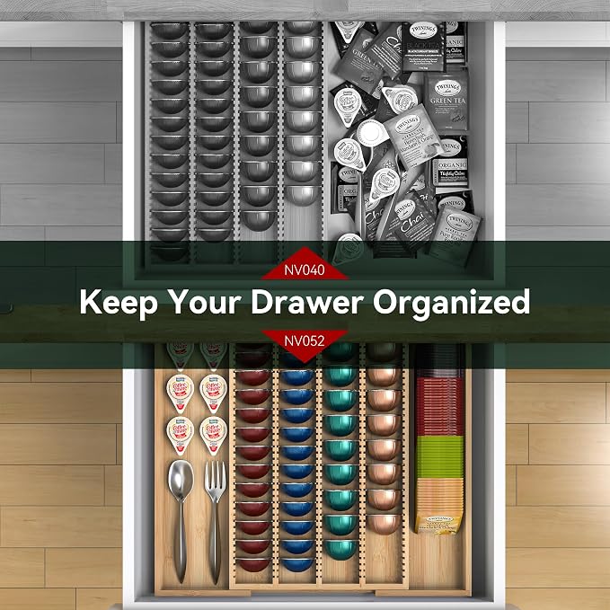 Large Expandable Bamboo Coffee Pod Drawer Organizer | 10.8" -19"W x15.67"Dx1.9"H, Compatible with Nespresso Vertuo Capsules, 40 Big or 52 Small Pods Holder for Counter