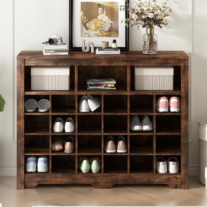 Flieks 24-Cube Organizer Shoe Storage Cabinet, Stylish Design Shoe Cabinet with Multiple Storage Capacity, Free Standing Cabinet with Curved Base for Entryway, Living Room, Hallway, Rustic Brown