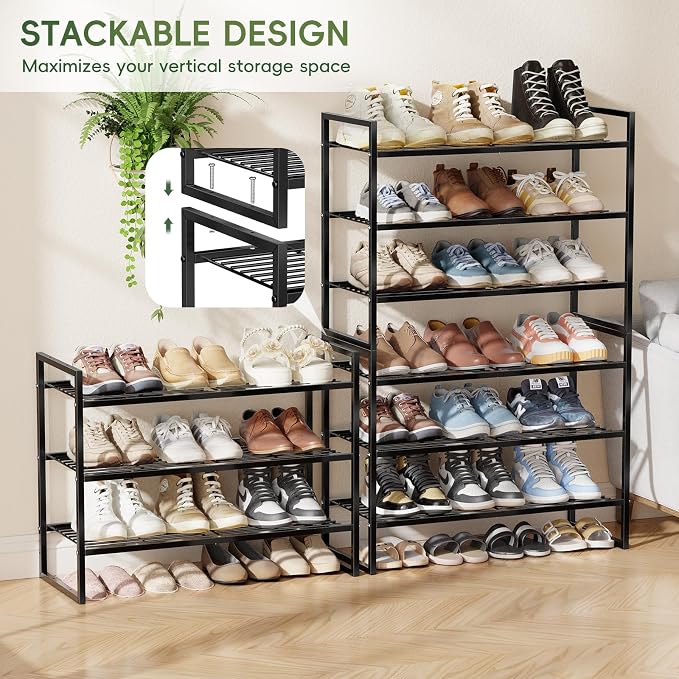 3 Tier Shoe Rack for Closet, 27 Inch Long Square Shoe Storage Organizer for Shelves, Heavy Duty Metal, Easy Assembly Stackable, Black