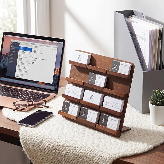 Leinuosen 4 Tier Wood Multiple Business Card Holder Desktop 12 Slot Business Card Holder for Desk Gift Postcard Display Rack Pamphlet Display Stand for Office Meeting Home (12.6 x 12.99 Inch)