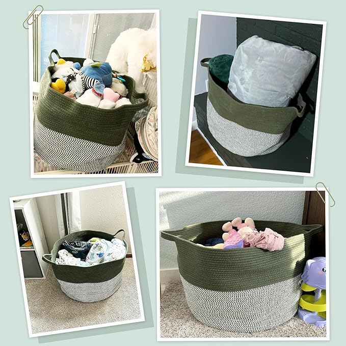 INDRESSME INDRSSME Large Laundry Storage Basket, 21.7 x13. 8 - Decorative Rope Blanket Basket for Organizing Bedroom, Living Room, Nursery, Toy Storage for Colthes Towel, Empty Gift Baskets -Green