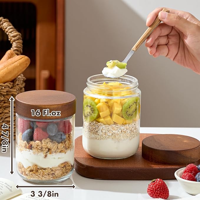 Danmu 16 oz Overnight Oats Containers with Lids,Mason Jars with Lids 4 Pack | Wooden Lid,Overnight Oats Jars,Overnight Oats Containers,Meal Prep Containers,Leak-proof,Dishwasher Safe(remove lids)