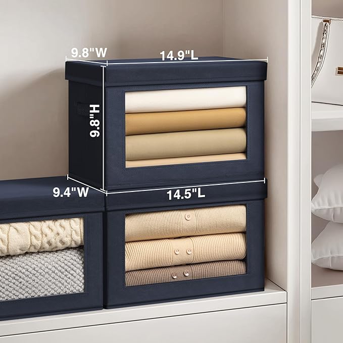 Homsorout Stackable Storage Bins with Lids - Medium Storage Box with Lids, Foldable Closet Boxes for Organizing, Wardrobe Clothes Organizer with Window, Cubes Bins for Living Room, 5 Pack, Navy Blue