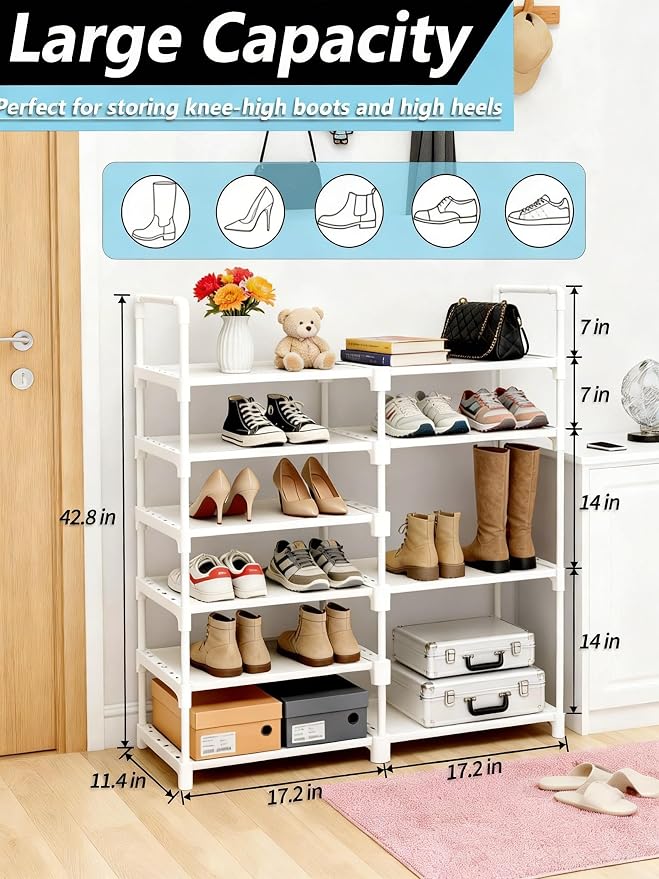 6-Tier Shoe Rack Large Capacity,Durable Shoe Organizer Storage for 20-26 Pairs of Shoes and Boots,Heavy Duty Free Standing Shoe Stand for Closet,Entryway and Garage (White)
