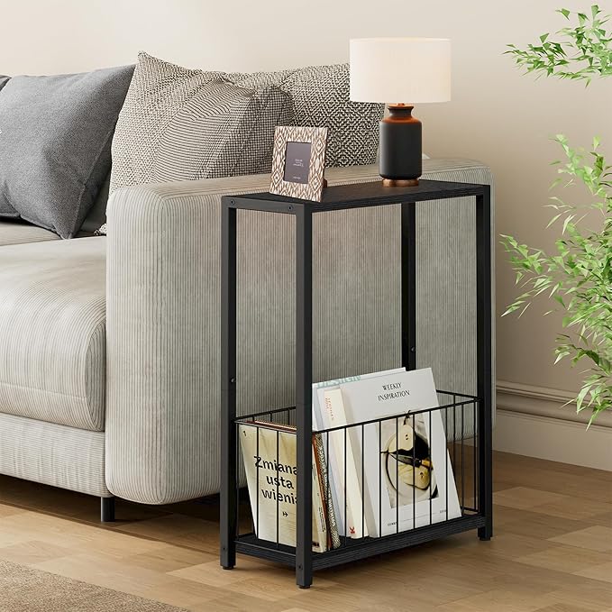 Homleke Narrow Side Table with Magazine Holder, Skinny End Table | Space-Saving Design, Small Spaces, Storage Shelf, Metal Frame, Easy Assembly, 7.1" D x 16.9" W x 23.6" H, Black