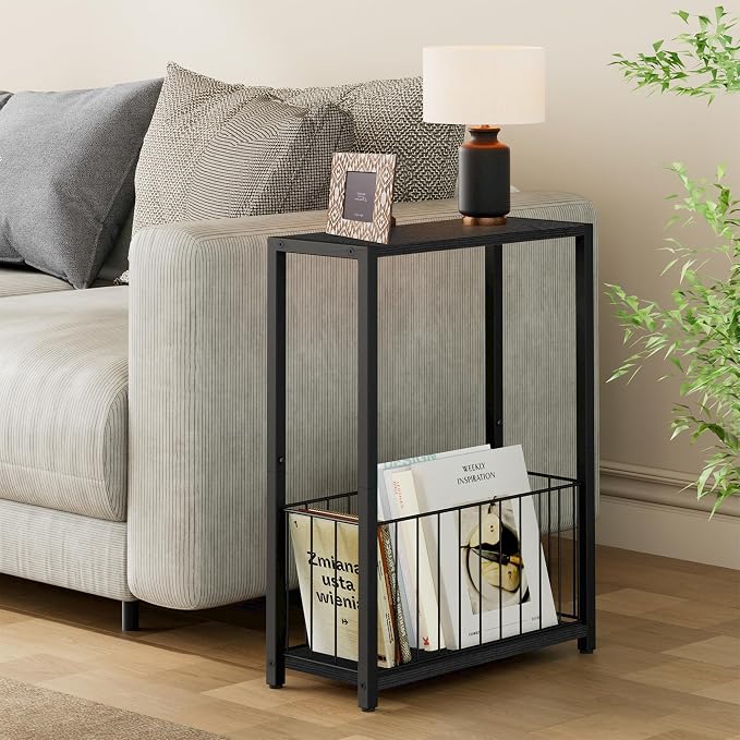 Homleke Narrow Side Tables Set of 2 with Magazine Holder, Skinny End Tables | Space-Saving Design, Small Spaces, Storage Shelf, Metal Frame, Easy Assembly, 7.1" D x 16.9" W x 23.6" H, Black