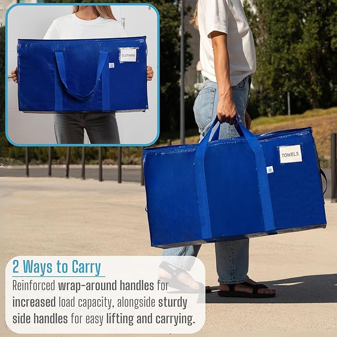 VENO 12 Pack Heavy Duty Moving Bags, 90L Extra Large Packing Storage Totes, 50lbs Load, Reinforced Handles, Zippers & Tag, for College Dorm Essentials, Clothes, Bedding (Blue)