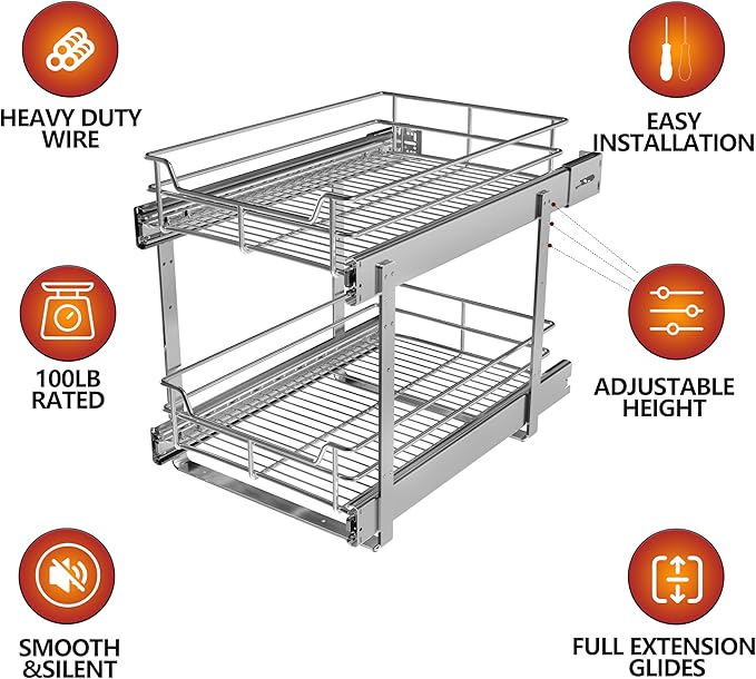 JOWBOOW (26" W x 22" D 2-Tier Cabinet Roll Out Shelves | Extra Wide Slide Out Drawers for Kitchen Cabinets, Heavy Duty Pull Out Cabinet Organizer 22 Inch Deep