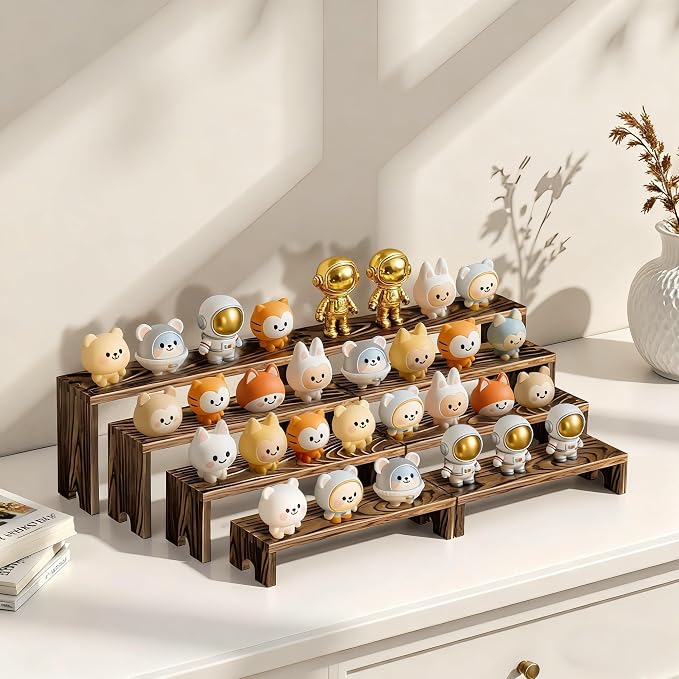 Large 4 Set wood tone Wooden Tiered Display Stands 4 Tier Stackable Pine Wood Display Risers, Suitable for Vendor Events, Cupcake Stands, cake stand Wooden Dessert Table Sets, Vendor Booth Displays,Cosmetic & Perfume Display Tools, Kitchen Spice Storag...