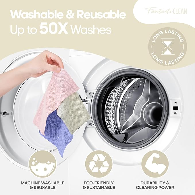 Fantasticlean Microfiber Cleaning Cloth Roll 2 Rolls 120 Pack, Tear Away Paperless Towels, 8" x 8", Reusable Washable Rags, House Kitchen, Pet, Office, Indoor Outdoor, Compact Portable (Off-White)