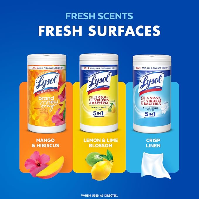 Lysol Disinfecting Wipes, Multi-Surface Cleaner, Crisp Linen, 80 ct. | All Purpose Cleaner, Sanitizing, Deodorizing, Apartment Essentials, Back To School Cleaning Supplies, Kitchen & Bathroom Wipe