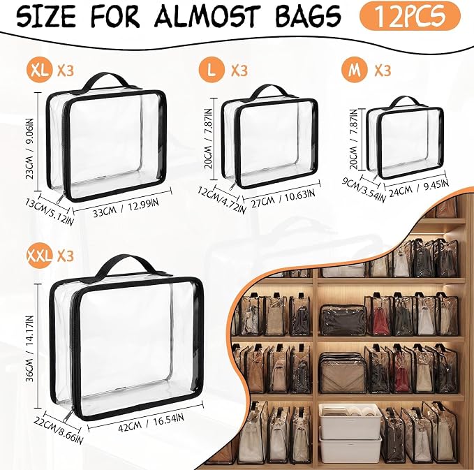 Hsei 12 Pcs Clear Dust Bags For Handbags 4-Sizes Fits Mini Wallets Oversized Tote Bags PVC Waterproof Purse Storage Organizers for Luxury Bag Soft Stand-Up with Zipper Handle for Closet Hanging
