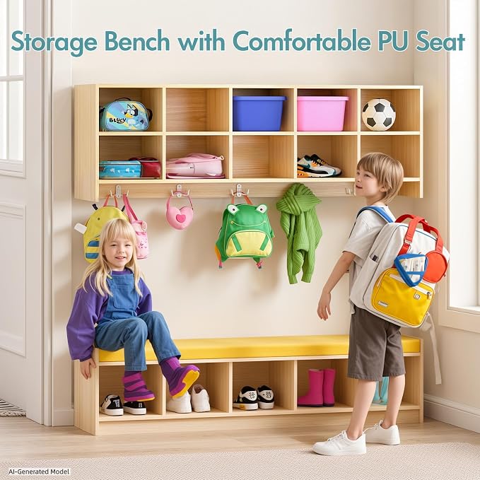 Wall-Mounted Cubby Storage Organizer 10-Section with Shoe Bench Set, Wooden Wall Cubbies with Hooks and Removable PU Cushion for Home, School, Nursery, and Kindergarten