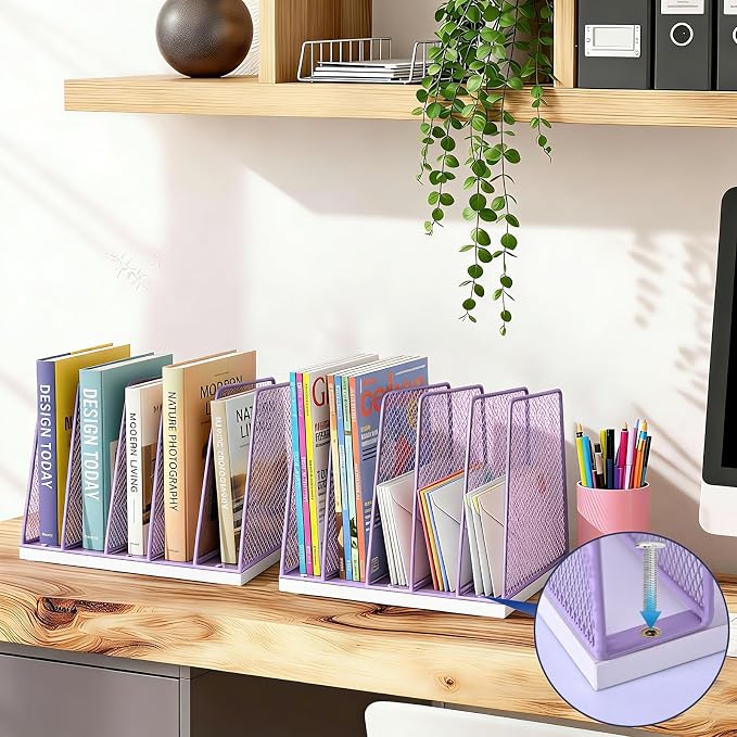 AUPSEN 5-Section File Organizer for Desk, Wood Mesh Desktop File Organizer, File Sorter Storage Rack, Vertical Folder Holder for Files, Magazines, Books (Purple)