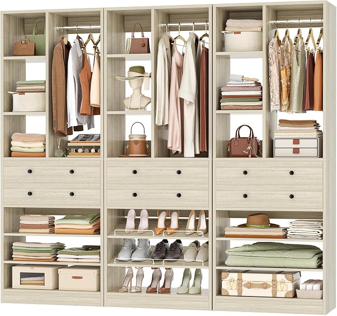 Besiost Closet System, 84"/7 FT Closet Organizer System with Drawers and Shelves, Walk-in Closets Systems, Free Standing Reach in Closet Tower, Load 1800+LBS, Greige 3 Pack